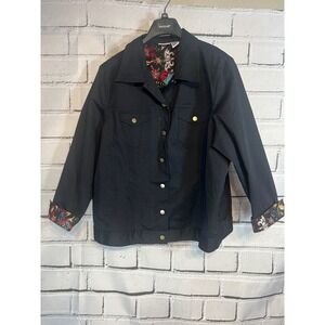 Vintage Y2K Units Woman Black Jacket 3X Plus Gold Snaps Butterfly Print Cuffs